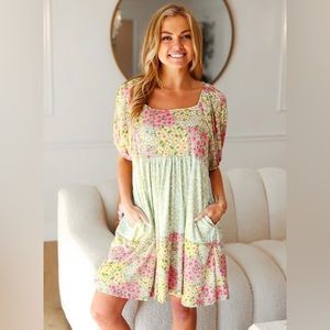 Floral  Color Block Square Neck Dress - Sage